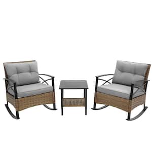 3-Piece Gray Wicker Patio Conversation Set, Outdoor Relaxing Rocking Chair Set with Coffee Table for Poolside, Garden