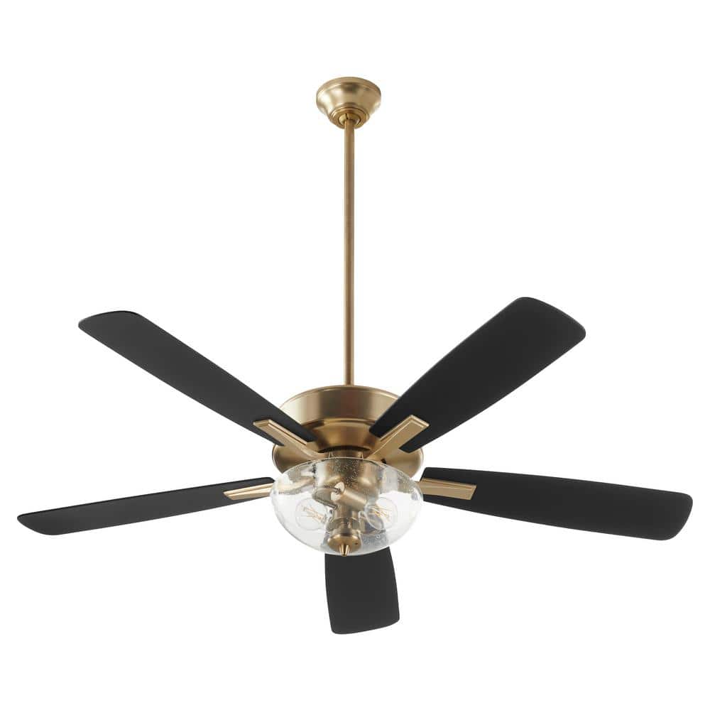 quorum Ovation 52 in. 5 Blades 2Light 9Watt Medium Base Clear Seeded Glass Bowl Aged Brass Fan