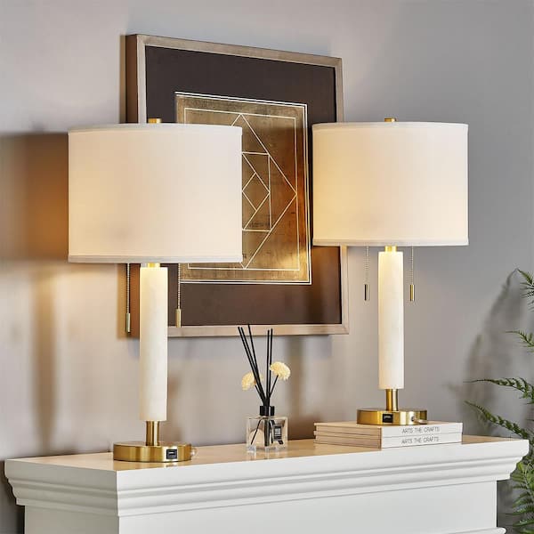 Concord 26.25 in. 2-Light Dolomite and Gold Modern Minimalist Table Lamp with White Fabric Drum Shade (Set of 2)