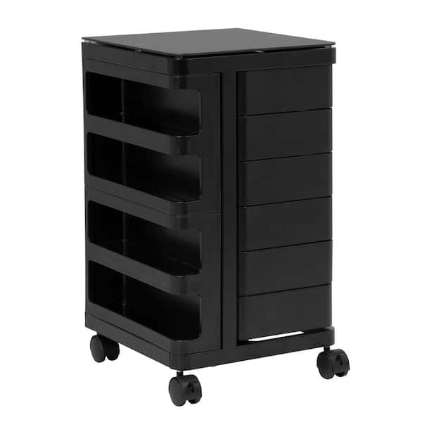 Studio Designs Kubx 14 in. W x 14.5 in. D x 25 in. H Plastic Mobile Storage Cart with Glass Top in Black