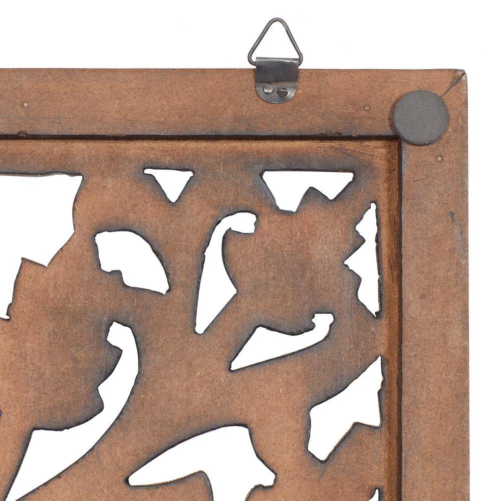 Brown Wood Carved Botanical Rectangular Wall Panel