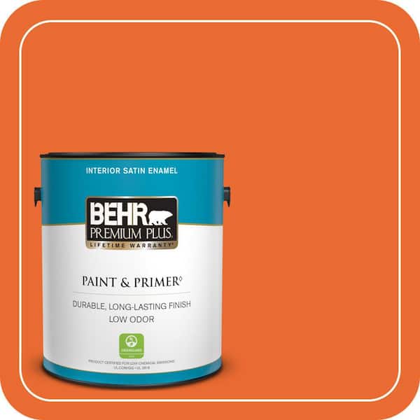 BEHR PREMIUM PLUS 1 gal. #220B-7 Electric Orange Satin Enamel Low Odor Interior Paint & Primer