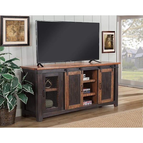 Benjara 65 in. Black and Brown Wood TV Stand Fits TVs up to 60 in. with Metal Frame