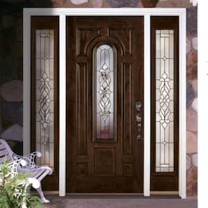 67.5 in. x 81.625 in. Lakewood Patina Stained Chestnut Mahogany Right-Hand Fiberglass Prehung Front Door with Sidelites