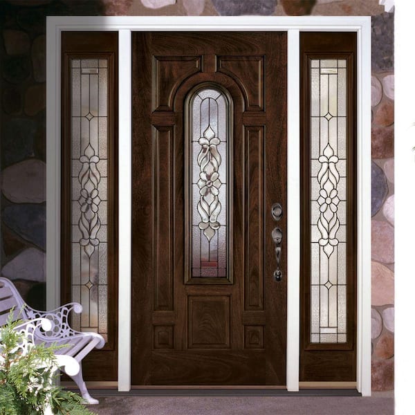 67.5 in. x 81.625 in. Lakewood Patina Stained Chestnut Mahogany Right-Hand Fiberglass Prehung Front Door with Sidelites