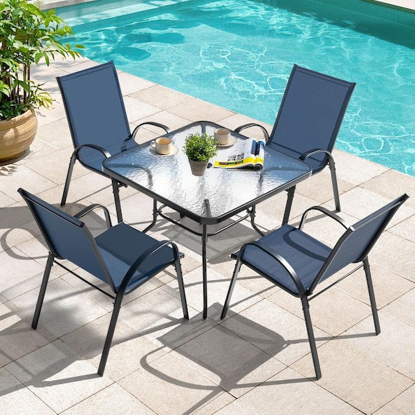 Black 5-Piece Metal and Textilene Square Outdoor Dining Set with Stackable Chairs and Umbrella Hole