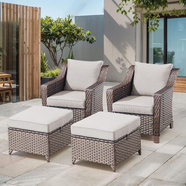 Opohoro SlideArm 4-Piece Brown Wicker Outdoor Lounge Chairs Patio Armchairs with Beige Cushions and Ottomans