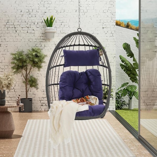Unbranded 1-Person Gray Wicker Porch Egg Swing Chair with Blue Cushion