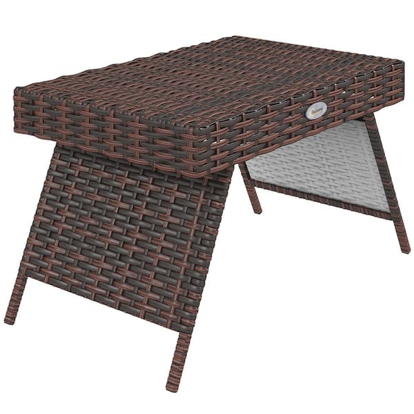 Otryad Brown Rectangle Metal 16.25 in. H Outdoor Side Table, Folding Rattan End Table, Hand Woven PE Rattan Coffee Table