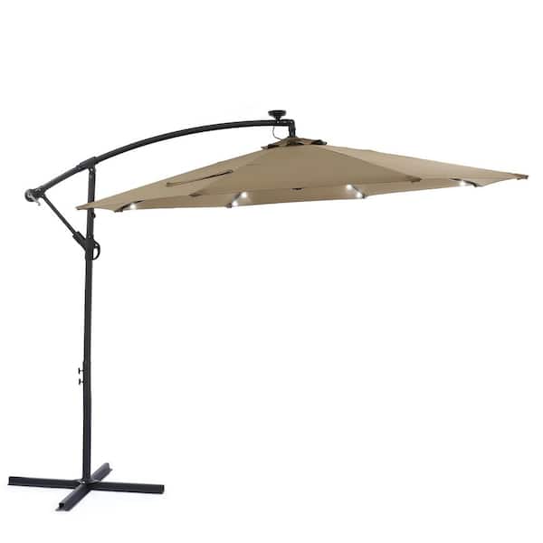 10 ft. Patio Offset Solar LED Umbrellas 50 Plus UV Protection Cantilever Outside Umbrellas, Taupe