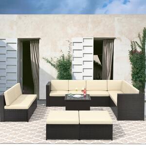Brown 9-Piece Wicker Patio Conversation Set with Beige Cushions, Ottoman and Side Table