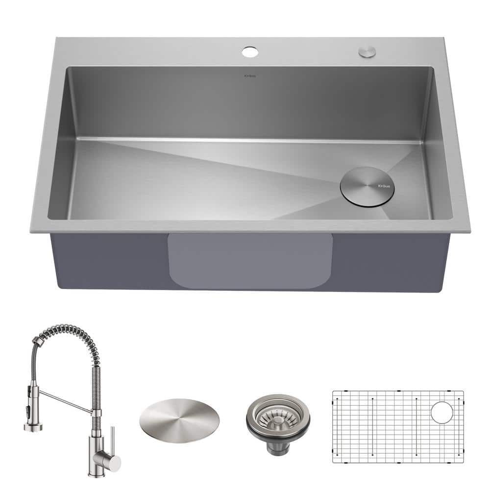 Loften All-in-One 33 in Drop In Single Bowl 18-Gauge Stainless Steel Kitchen Sink w/ Bolden Pull Down Faucet in Chrome