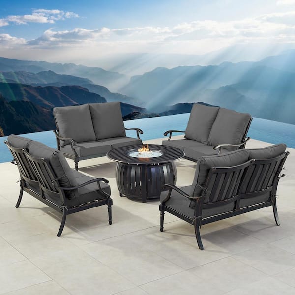 Oakland Living Black 5-Piece Aluminum Patio Fire Pit Set with Black Cushions
