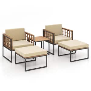 5-Piece Acacia Wood Patio Seating Set Chair Set with Ottomans, Coffee Table and Beige Cushions
