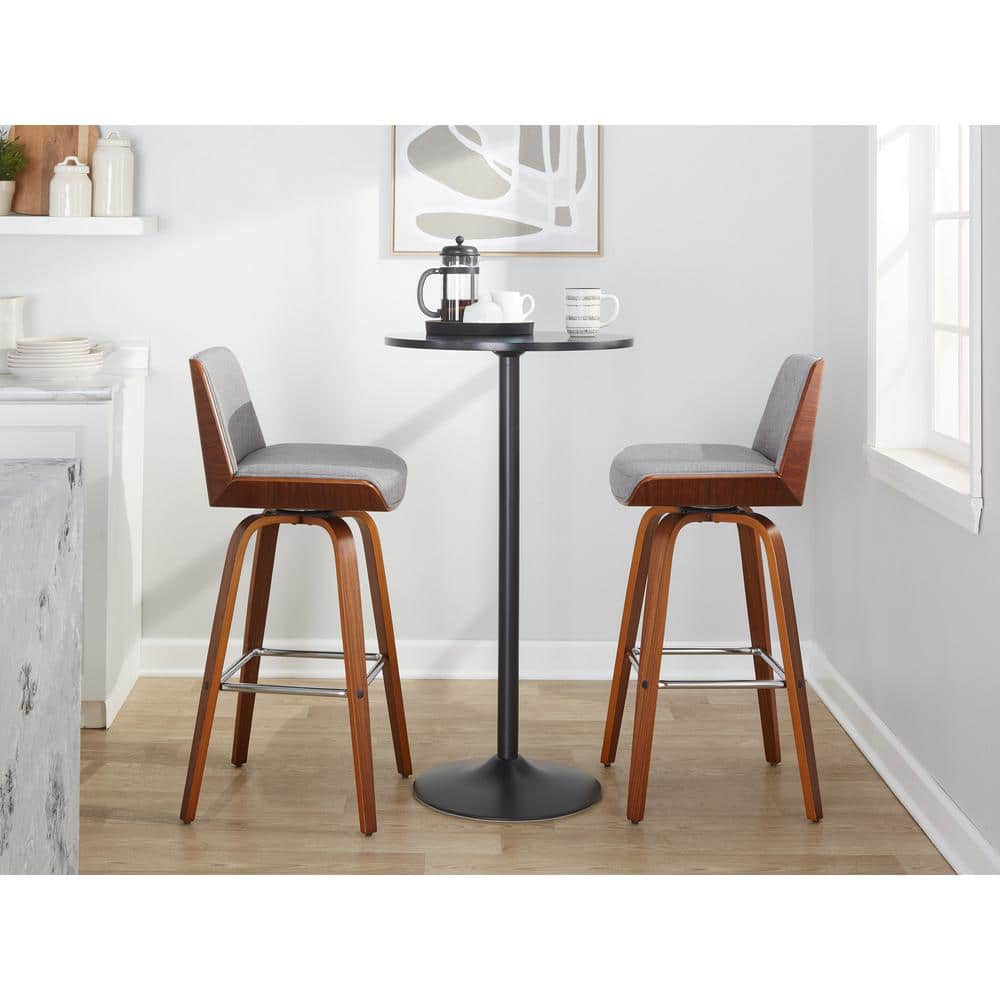 Walnut and Light Gray Swivel Barstools with Chrome Footrest, Set of 2