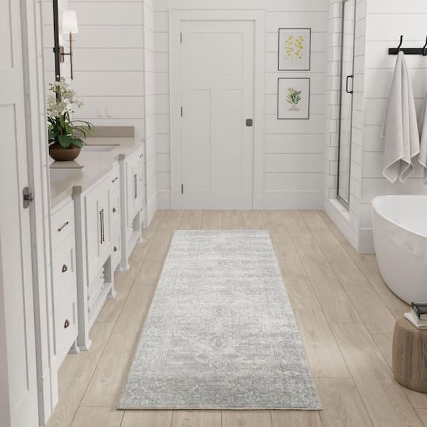 Astra Machine Washable Light Grey 2 ft. x 8 ft. Center medallion Traditional Runner Area Rug