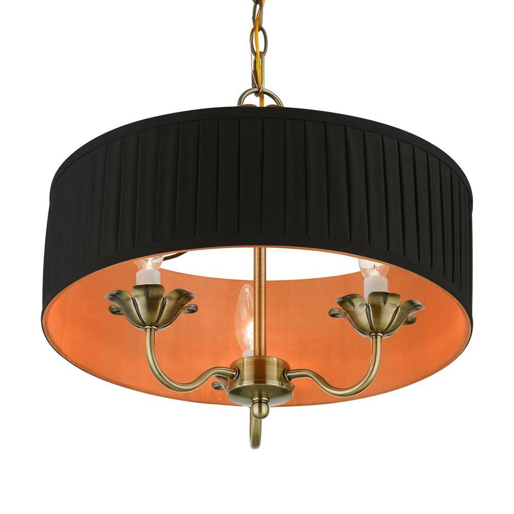 Antique Brass Transitional 3-Light Drum Pendant with Pleated Shade