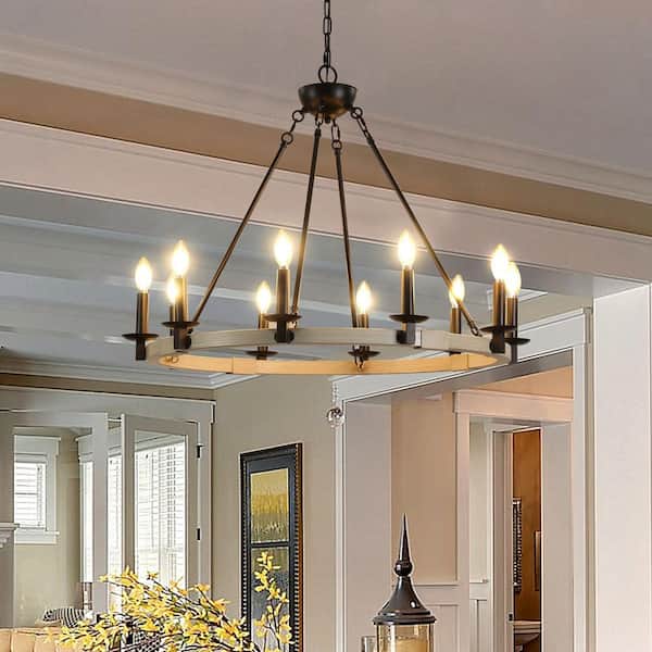 Gloweer 10-Light Black Rustic Farmhouse Chandelier with Metal and Wood Design, Adjustable Height, E12 Base, No Bulbs Included