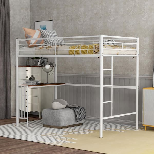 Harper & Bright Designs White Twin Size Metal Loft Bed with Built-in Desk and Ladder, Full-Length Guardrails