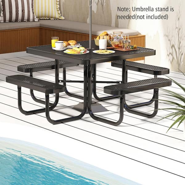FORCLOVER 76 in. Black Square Metal Picnic Table for 8-Person with Seats and Umbrella Hole