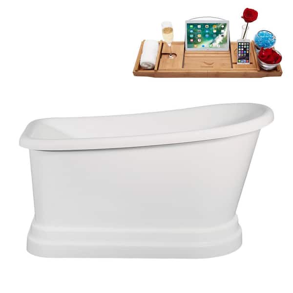 Streamline 59 in. x 30 in. Acrylic Freestanding Soaking Bathtub in Glossy White With Polished Chrome Drain, Bamboo Tray