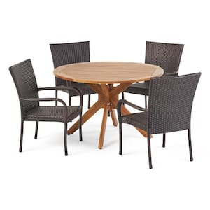 Renata 5-Piece Wood and Faux Rattan Round Outdoor Dining Set with Stacking Chairs