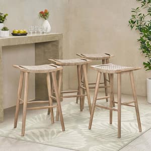 Pulaski Light Brown Acacia Wood and Faux Rattan Outdoor Bar Stool (Set of 4)