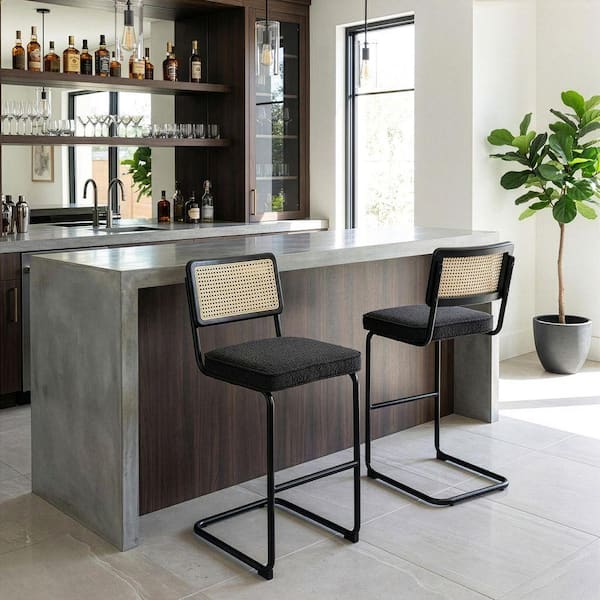 Ayo 30 in. Black Metal Bar Stool with Boucle Seat 2 (Set of Included)