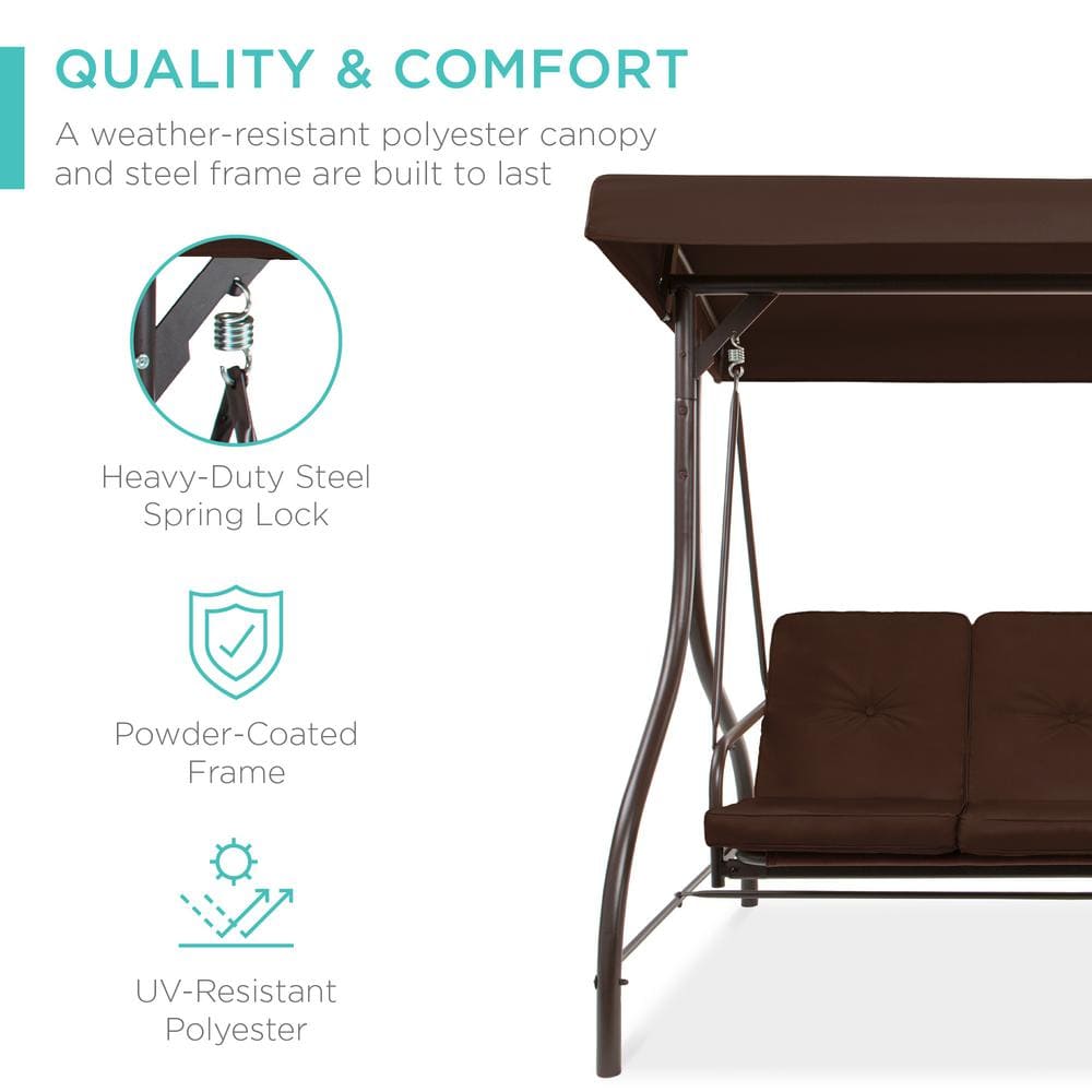 Brown 3-Seat Outdoor Canopy Swing Glider with Cushions