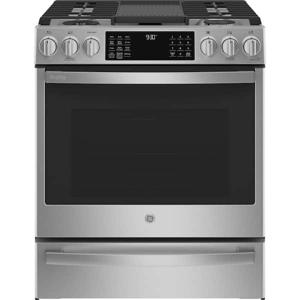 GE Profile 30 in. 5 Burner Slide-In Dual Fuel Range in Stainless Steel with True Convection and Air Fry