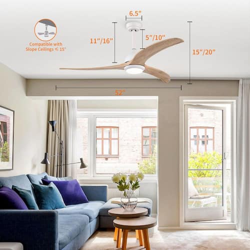 52 in. Integrated LED Indoor Matte White Ceiling Fan with Light and Remote 6-Speed DC Motor with 3 Wooden Blades Lighting