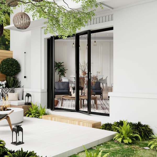 96 in. x 80 in. Left Swing/Outswing Double Tempered Glass Black Aluminum Folding Patio Door (3-folding)