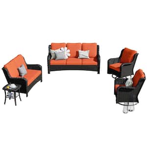 Mercury Brown 5-Piece Wicker Patio Conversation Seating Set with Orange Red Cushions