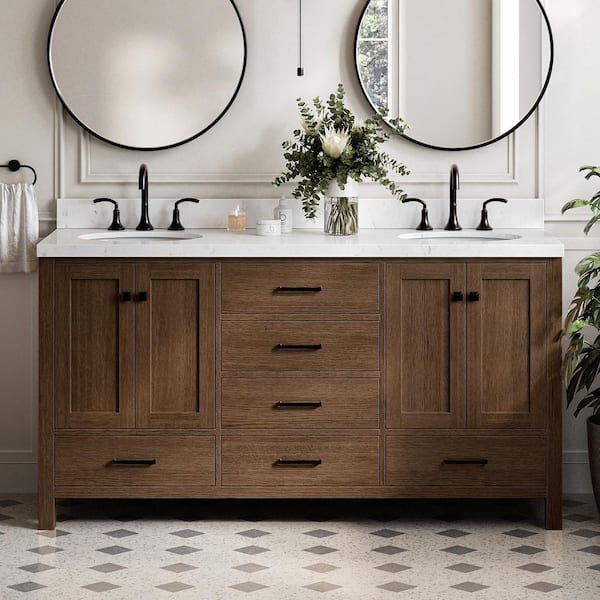 Cambridge 66 in. Double Sink Freestanding Bathroom Vanity in Brown Oak with Carrara White Quartz Top