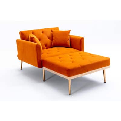 Modern Orange Velvet Chaise Tufted Lounge with 2-Pillows