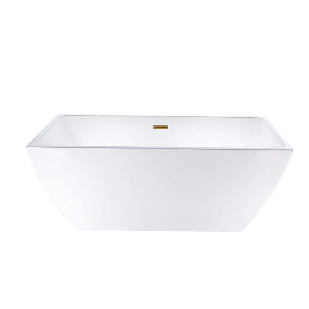 White Acrylic Freestanding Soaking Bathtub with Gold Drain
