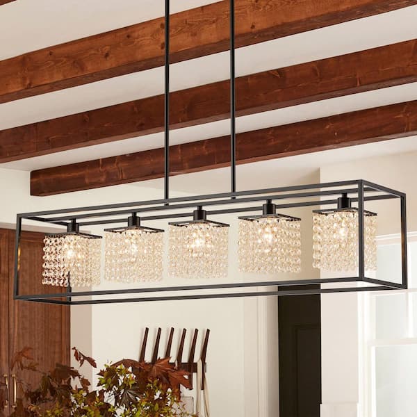 Andrew 5-Light Modern Black Glam Rectangular Island Large Crystal Chandelier