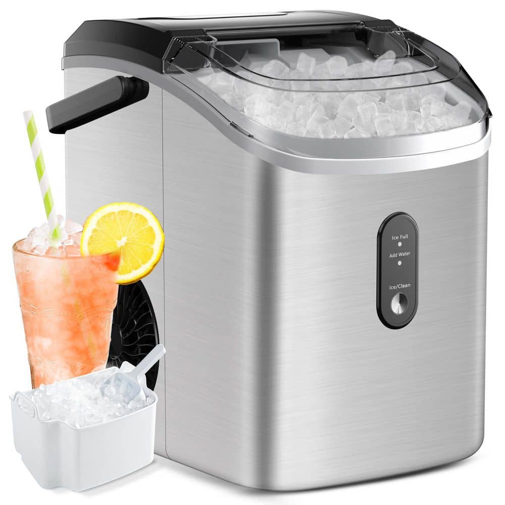 SIMZLIFE 9.5 in. 34 lb. Nugget Ice Countertop Portable Ice Maker in Silver with 6 Mins Ready, Auto-Cleaning, Handle
