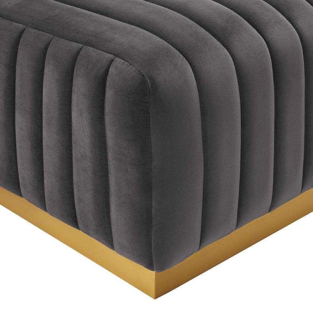Gray and Gold Velvet Tufted Ottoman with Stainless Steel Base