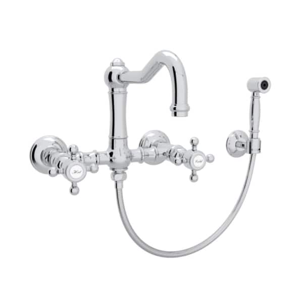 Italian Kitchen Wall Mounted 2-Handle Bridge Kitchen Faucet with Sidespray in Polished Chrome