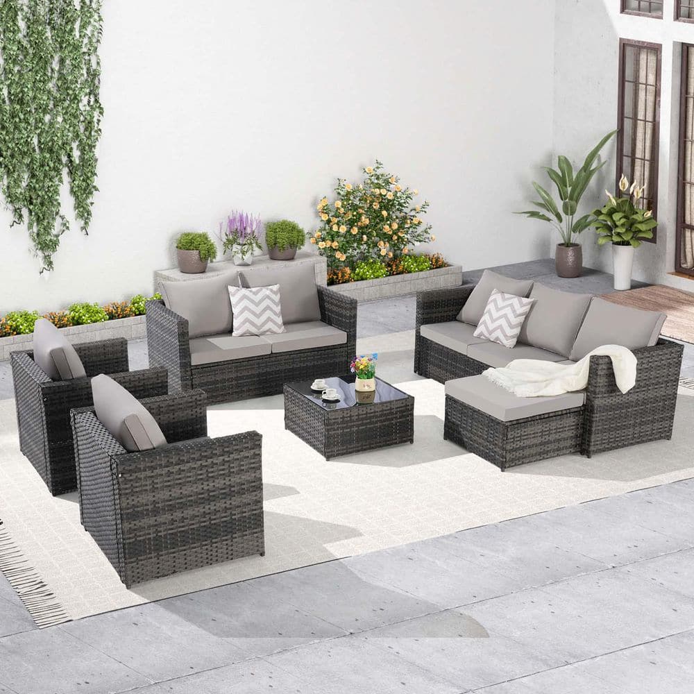 6 Piece Wicker Patio Conversation Set with Light Gray Cushion, Outdoor Furn