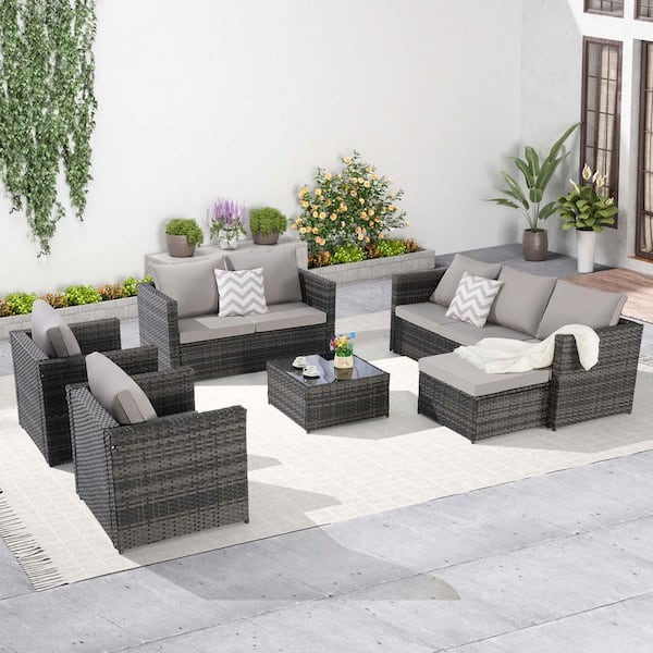Unbranded 6 Piece Wicker Patio Conversation Set with Light Gray Cushion, Outdoor Furniture Set Chat Set Sectional Sofa Set