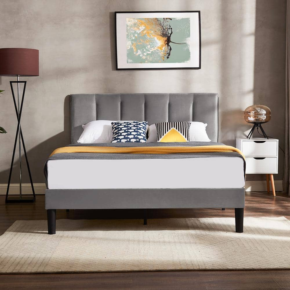 VECELO Upholstered Bedframe, Gray Metal Frame Full Platform Bed With ...