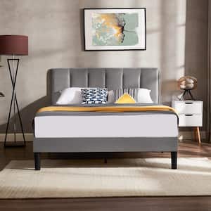Upholstered Bedframe, Gray Metal Frame Full Platform Bed with Adjustable Headboard, Wood Slat, No Box Spring Needed