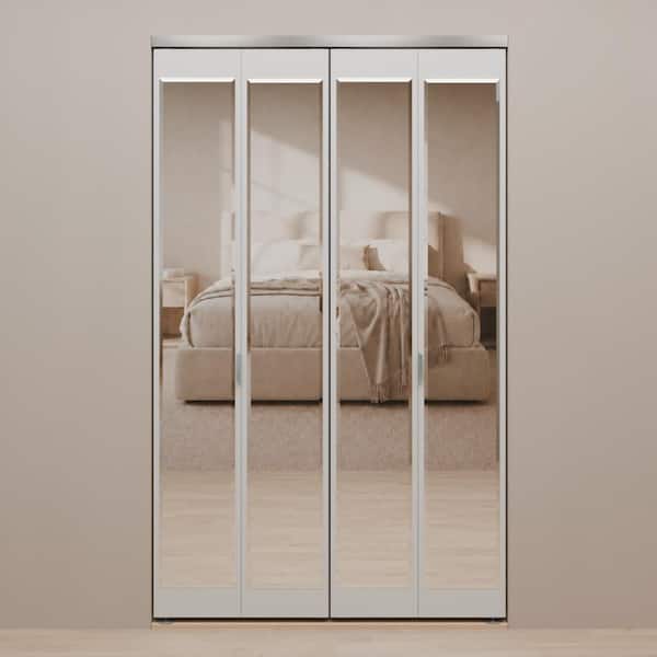 42 in. x 80 in. Mir-Mel White Mirror Solid Core MDF Full-Lite Interior Closet Wood Bi-Fold Door with Chrome Trim