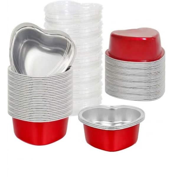 50-Piece Aluminum Foil Heart Shaped Cake Pan Set with Lids Red Disposable Mini Baking Cups for Parties