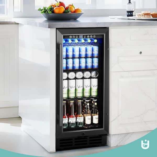 15 in. Single Zone 127-Cans Undercounter Freestanding/Built-in Beverage and Wine Cooler in Black with Auto LED