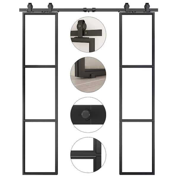 36 in. x 84 in. Metal and Tempered Clear Glass Solid Core Metal Double Sliding Door with Installation Hardware Kit