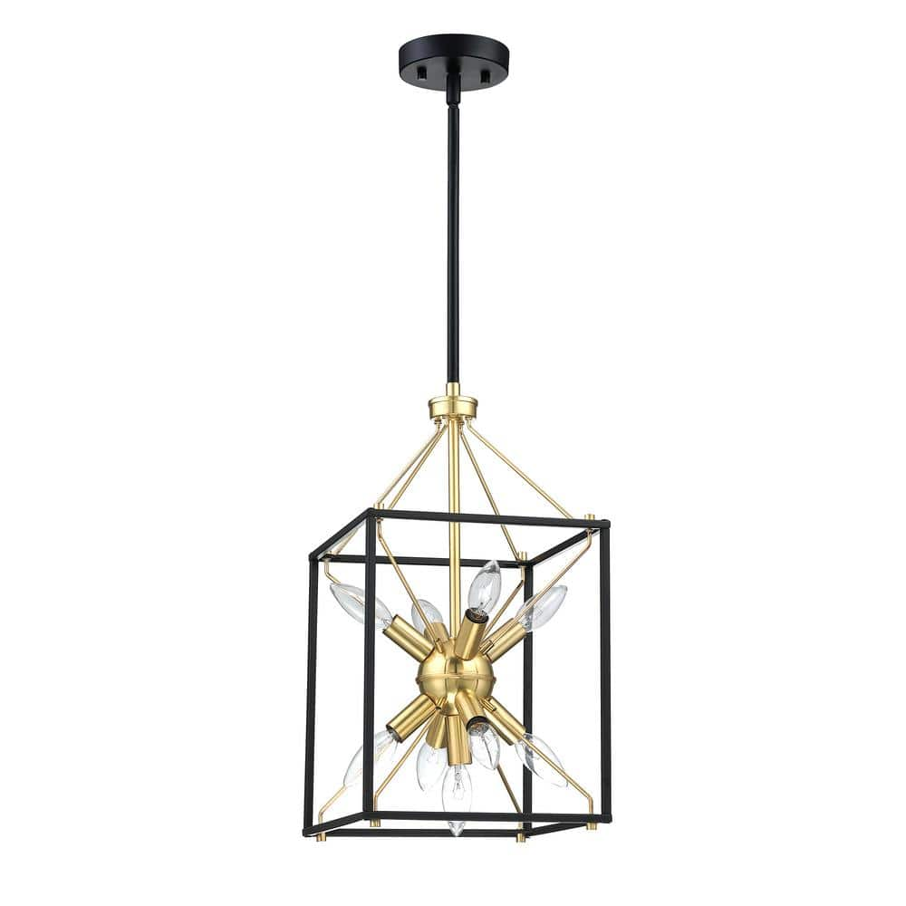 Hukoro Alfa 10 in. 9-Light Modern Rectangle Lantern Pendant Light with Matte Black Finish and Gold Painting Inside