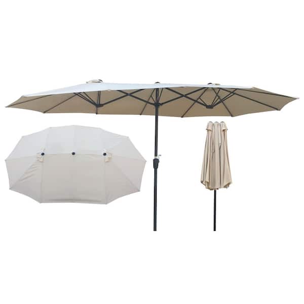 BANSA ROSE CoolSum 15 x 9 ft. Steel Push-Up Double-Sided Patio Umbrella in Tan with Crank and Wind Vents, UV-Resistant